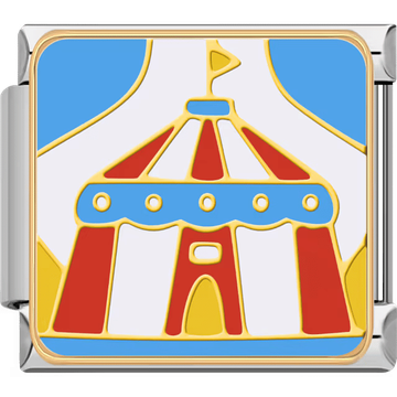 A bright red and blue big-top circus tent with a small flag on top, framed in a silver Italian charm.